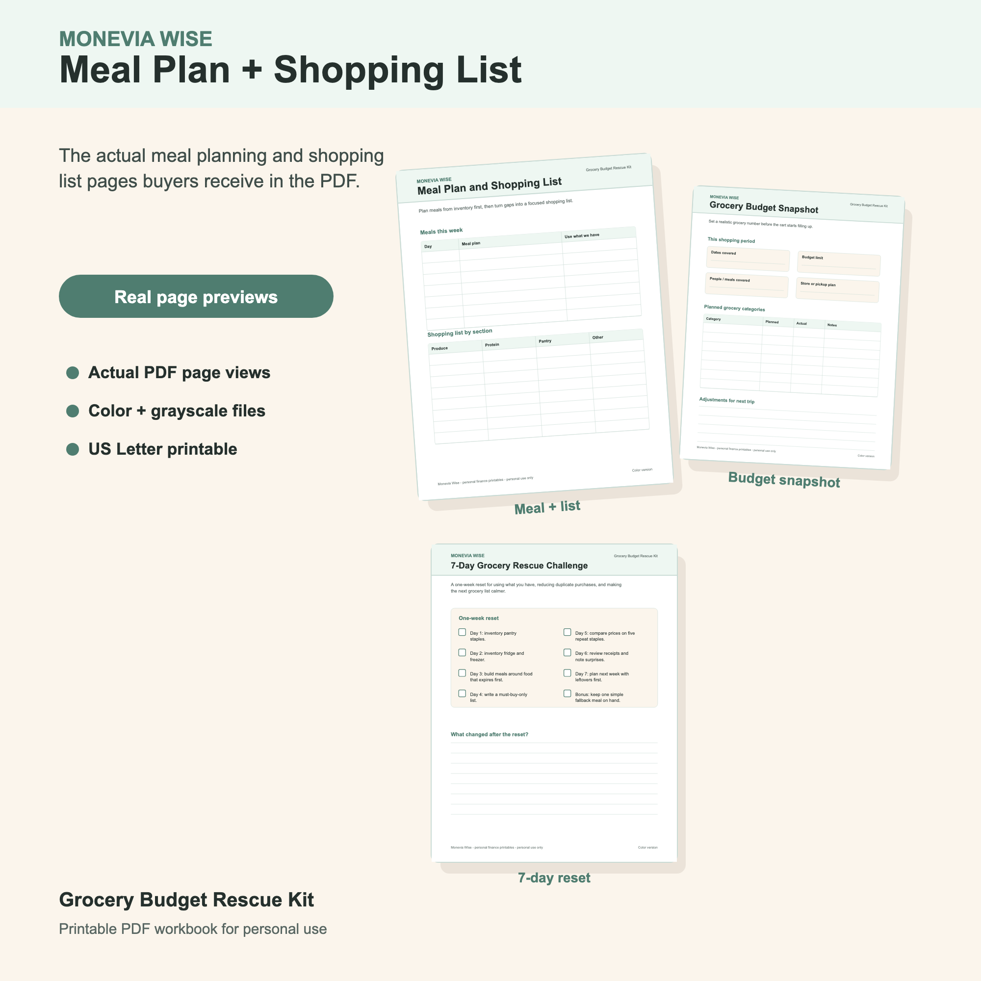 Preview of meal planning and grocery shopping list printable pages