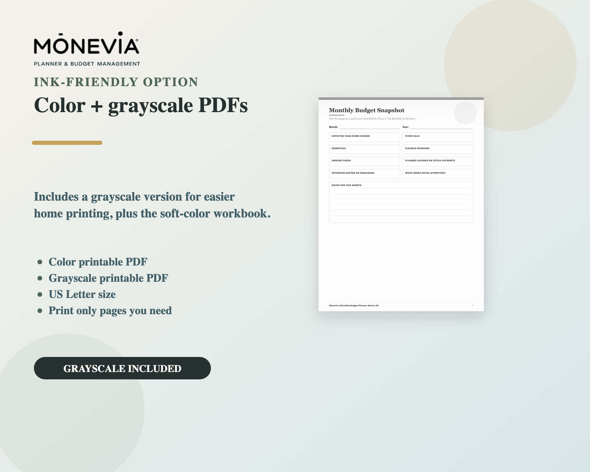 Color and grayscale printable budget planner versions