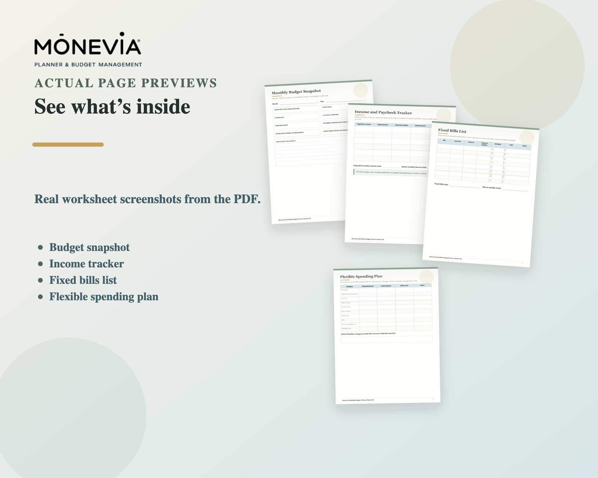 Printable budget planner page previews