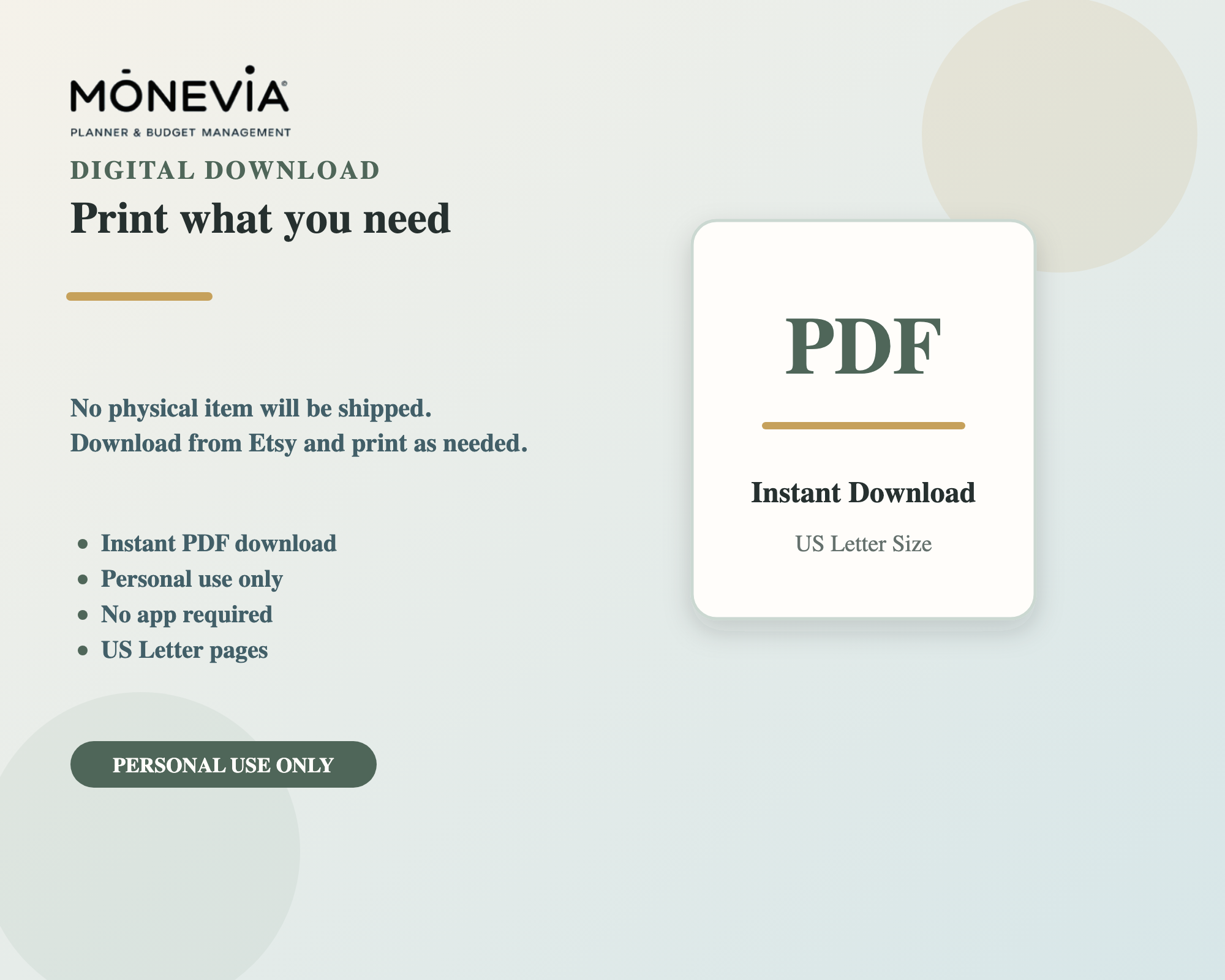 Digital download PDF note for the printable budget planner