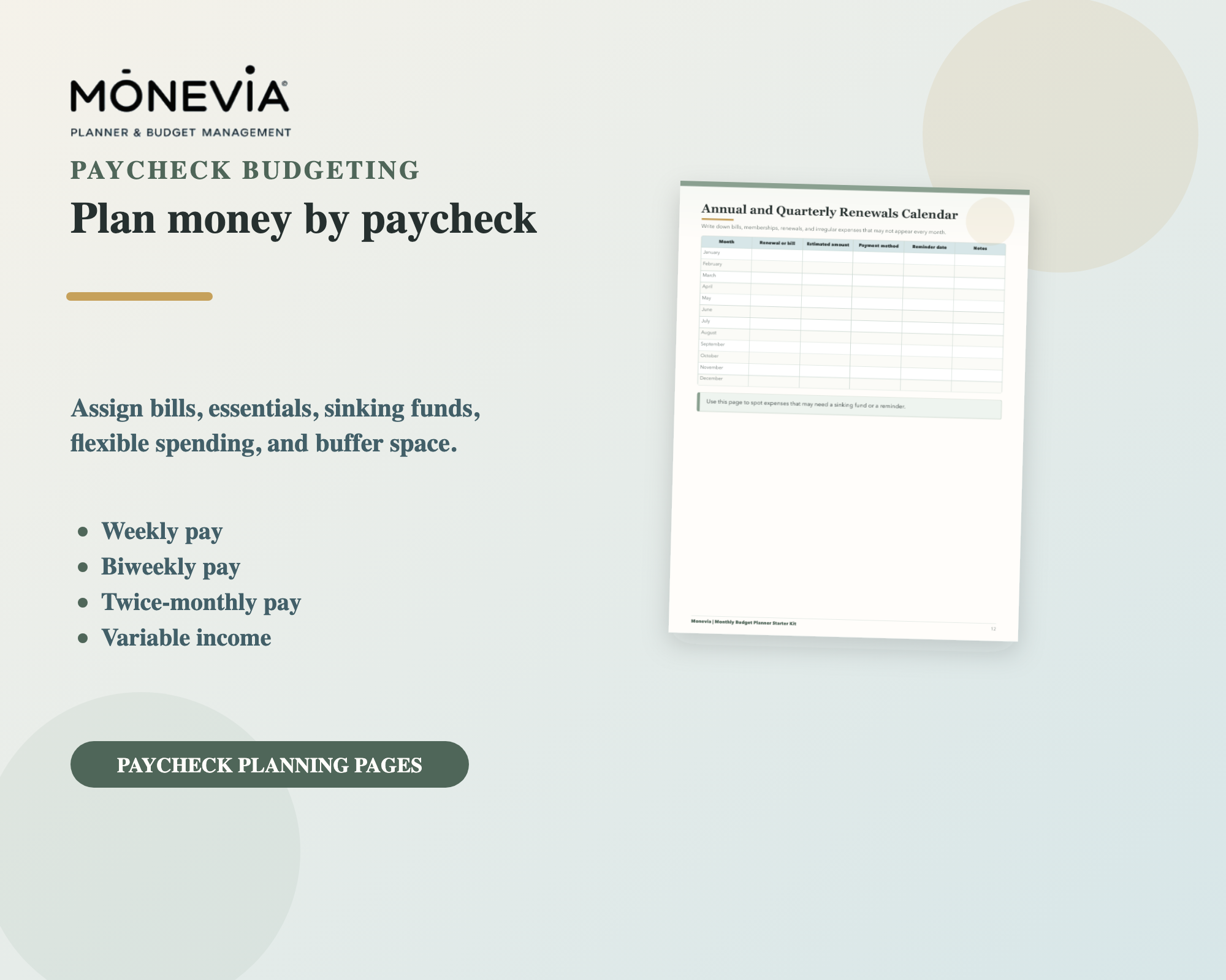 Paycheck budget worksheet pages from the printable planner