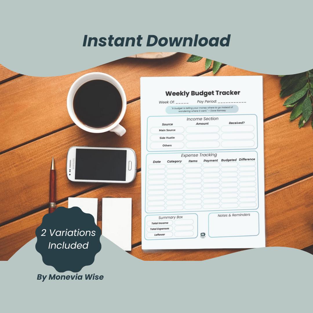 Weekly Budget-Tracker, Pastel-Monochrome Versions, Printable-Digital Budget-Sheet, Expenses-Tracker, Incomes Tracker, Spending-logging